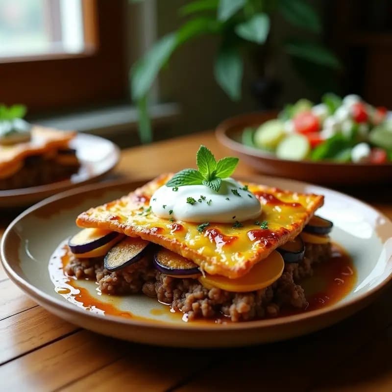 Pastel de pastor griego en capas con berenjena asada, carne de cordero especiada y capa dorada de yogur. Servido con salsa tzatziki fresca y hojas de menta en un plato de cerámica blanca.
