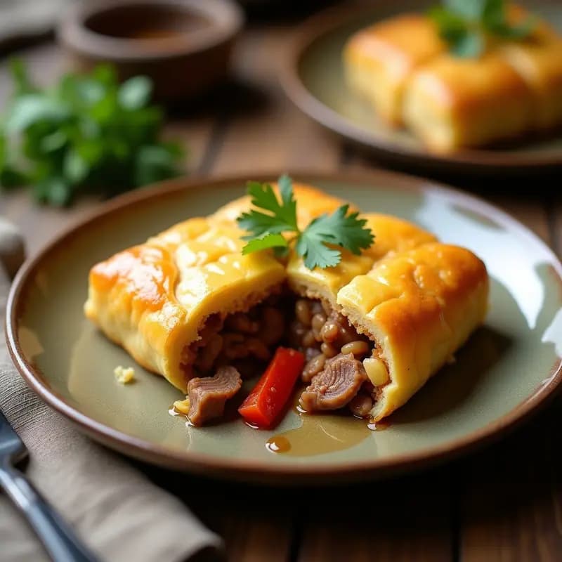 Pastel de pastor con masa de yuca dorada, cortado en porciones, mostrando capas de relleno de carne de cerdo especiada y piña, servido en plato rústico con cilantro fresco.