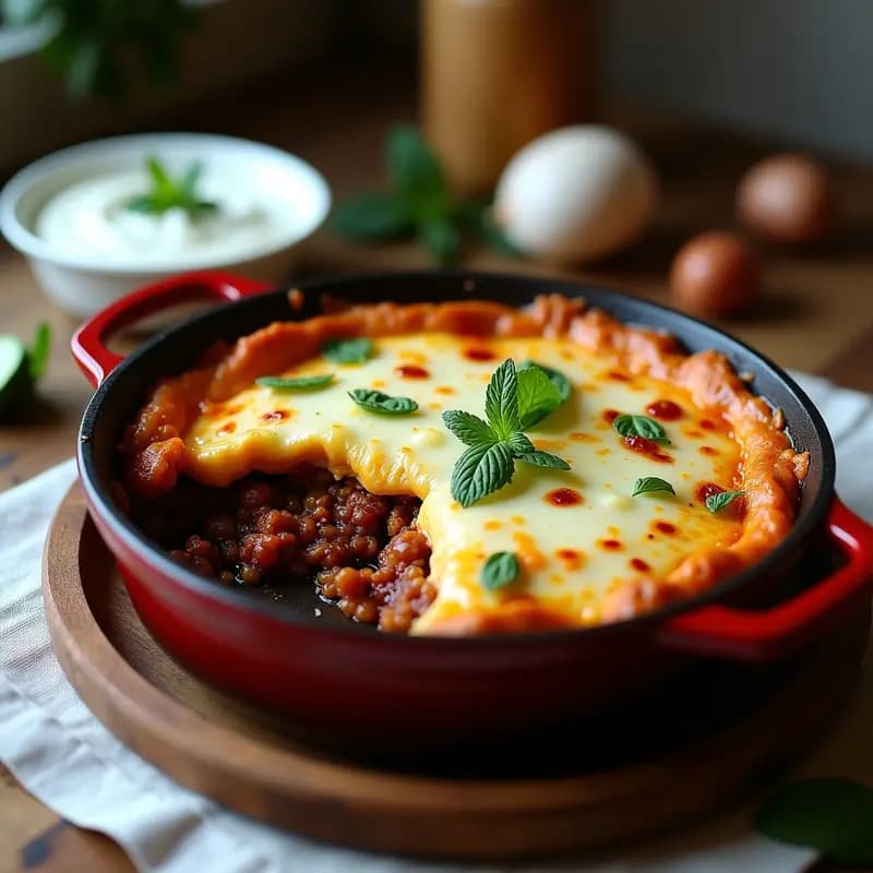 Pastel de pastores griego en olla de hierro fundido, con capas visibles de berenjena asada, carne de cordero especiada y queso feta dorado, servido en porción con hierbas frescas.