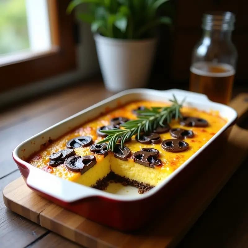 Pastel de polenta dorado en molde rectangular, cortado en porciones con capas visibles de champiñones salteados y aroma a trufa negra.