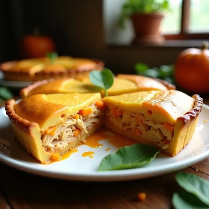Pastel de pollo y auyama venezolano recién horneado en olla, con masa de maíz dorada y relleno jugoso de pollo desmenuzado y auyama, servido en un plato rústico con cilantro fresco.
