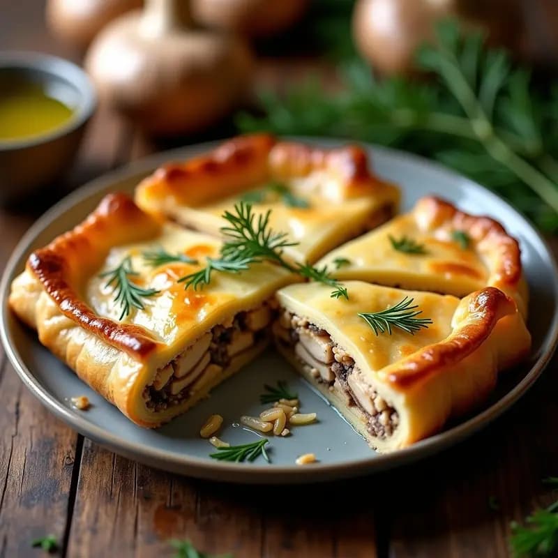 Pastel griego de pollo y champiñones en masa filo dorada y crujiente, cortado en porciones cuadradas, con capas visibles de relleno cremoso y almendras tostadas en la superficie, servido en bandeja de madera rústica.