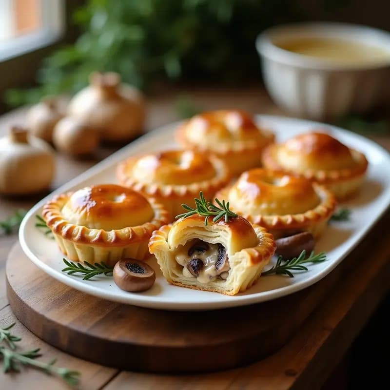 Pastel de Pollo y Champiñones con Masa de Hojaldre: seis porciones individuales doradas y crujientes, con relleno cremoso de pollo y champiñones portobello, servidas en moldes de cerámica blanca sobre tabla de madera rústica.