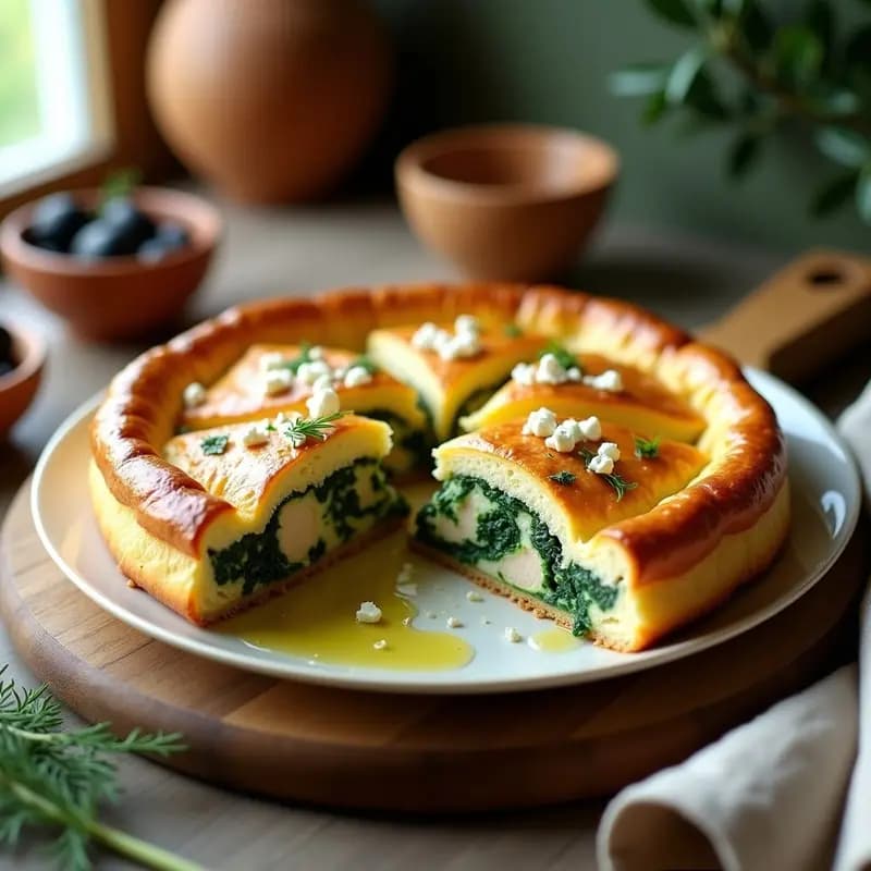 Pastel de pollo y espinacas con masa de hojaldre sin gluten dorada y crujiente, relleno cremoso de pollo desmenuzado, espinacas y queso feta, servido en plato blanco con hierbas frescas.