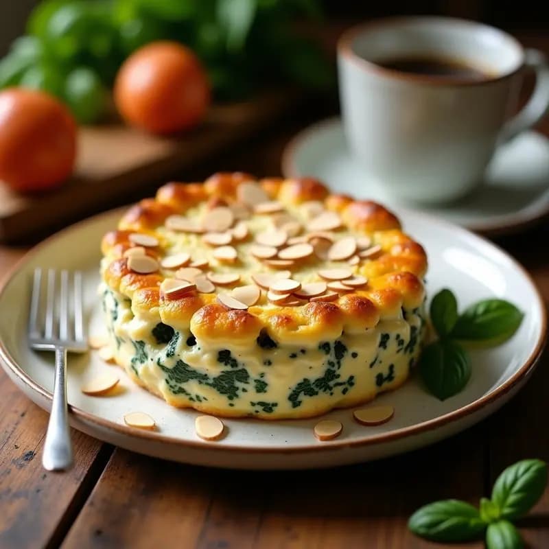 Pastel de pollo y espinacas con mascarpone en molde redondo, dorado al horno con capa cremosa de queso y almendras fileteadas tostadas, servido en plato blanco rústico.