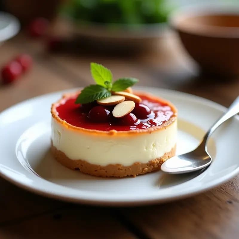 Pastel de queso basco en molde individual con superficie dorada y brillante, cubierto de mermelada de arándanos rojos y almendras fileteadas tostadas. Presentación elegante en plato blanco con fondo rústico.