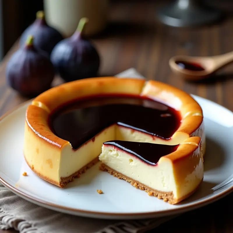 Pastel de queso basco tradicional en molde desmontable, con superficie dorada y capa brillante de mermelada de higos negros. Base crujiente de galleta y textura cremosa al cortar. Servido en plato blanco con cuchara de madera y higos frescos al lado.