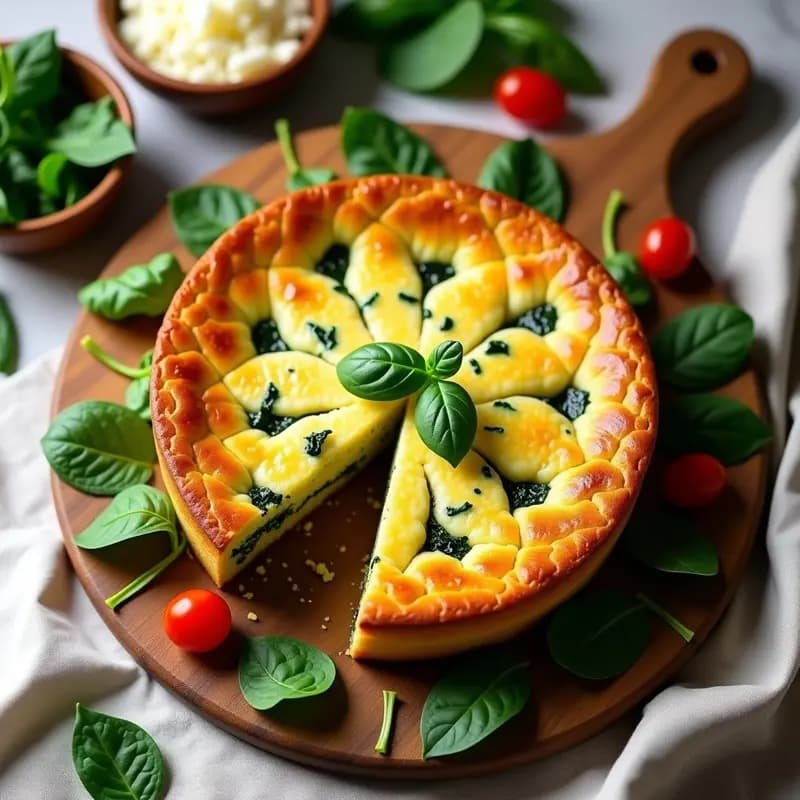 Torte de ricota e espinafre sin masa, pastel salado brasileño dorado y esponjoso, cortado en porciones sobre un plato de madera con espinacas frescas y queso rallado como decoración.