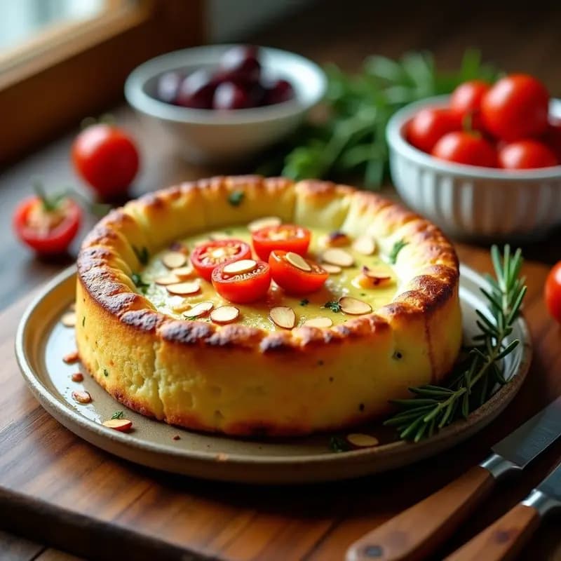 Pastel de zucchini y queso feta dorado y esponjoso en molde redondo, con semillas de amapola en la superficie, servido en tabla de madera con hojas de albahaca fresca y un chorrito de aceite de oliva virgen extra. Receta griega sin harina en airfryer.