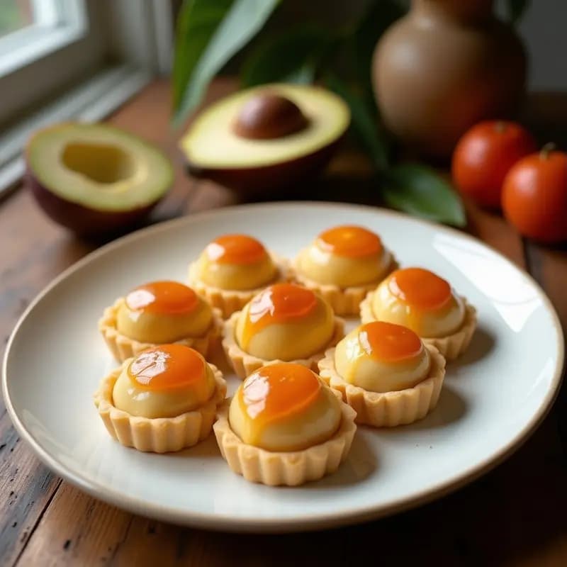 Pastelitos de guayaba y queso cremoso vegano cubanos sin horno, con masa dorada de harina de almendra y relleno cremoso de anacardos y guayaba, dispuestos en un plato de madera con hojas de menta.