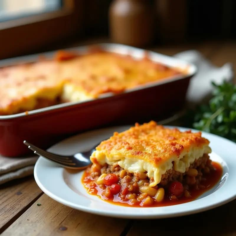 Pasticcio griego en molde rectangular, capas visibles de espaguetis, carne especiada y bechamel dorada con toque crujiente de panko, servido en porción con tenedor.