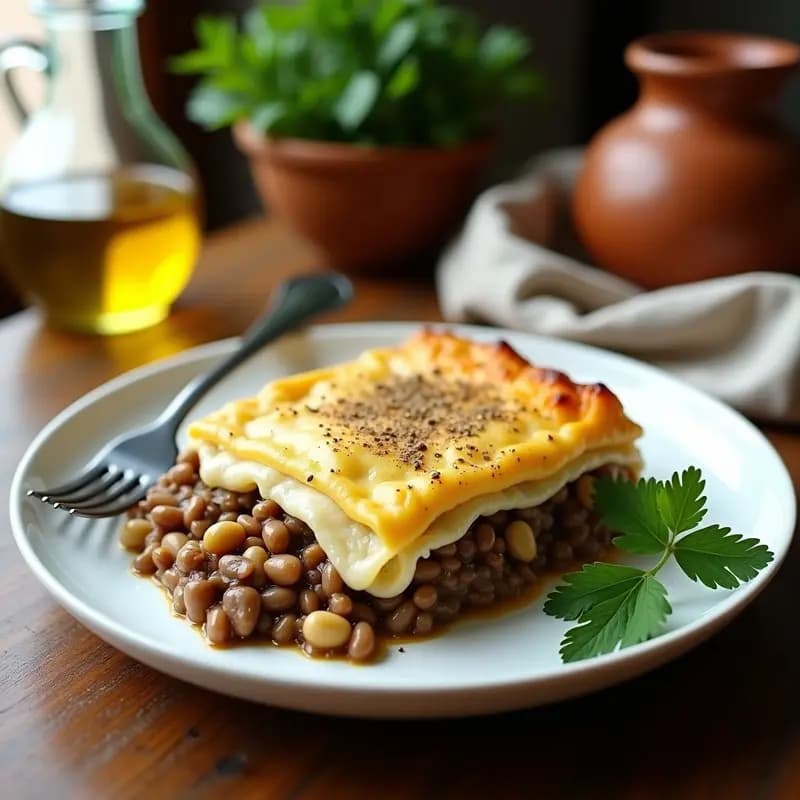 Pasticcio griego vegano al horno en fuente rectangular, con capas visibles de pasta integral, relleno de lentejas y champiñones, y bechamel sin lácteos dorada en la superficie. Servido en porción con espátula de madera sobre fondo rústico.
