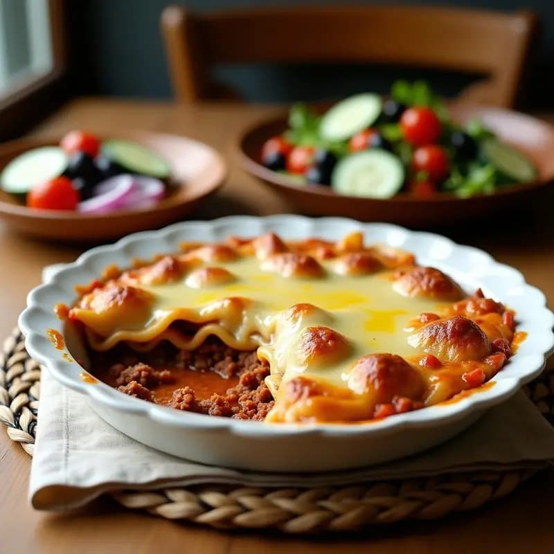 Pasticcio griego al horno en fuente rectangular de cerámica blanca, con capas visibles de pasta, carne especiada y bechamel dorada de almendras sin lactosa. Acompañado de ensalada griega con tomate, pepino y aceitunas negras en un plato de madera rústico.
