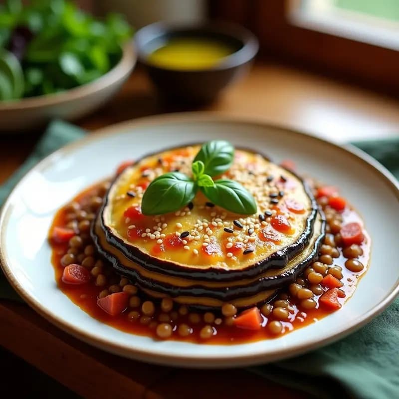 Pasticcio griego vegano al horno en fuente rectangular, con capas visibles de berenjenas asadas, lentejas especiadas y salsa de tomate casera, espolvoreado con albahaca fresca y semillas de sésamo.