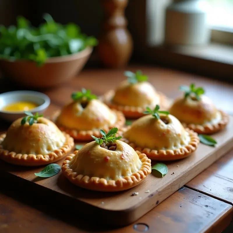 Pastiés de Cornwall dorados y crujientes sobre una bandeja de madera, con relleno de carne y queso azul asomando por el corte superior, acompañados de hojas de rúcula fresca.