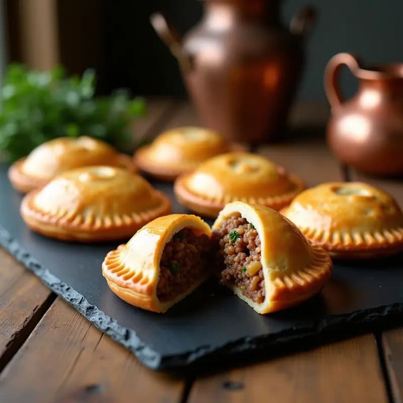 Pastiés Cornwalls dorados y crujientes dispuestos en una bandeja de madera rústica, con su repulgue característico en forma de media luna. El relleno de carne y rábano asoma ligeramente por los cortes superiores, acompañados de hojas de laurel y un fondo de tela a cuadros rojos y blancos, típico británico.