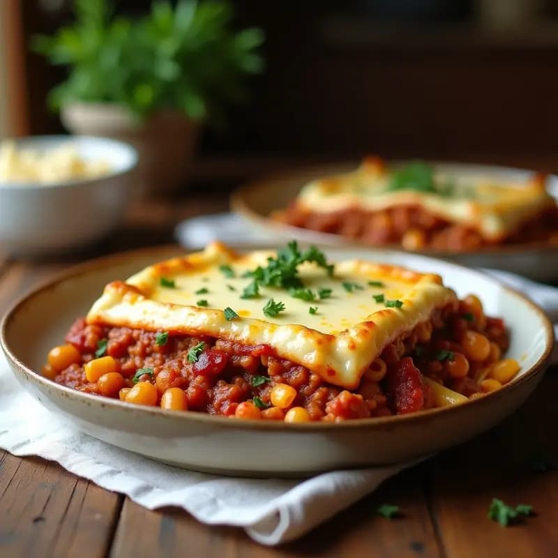 Pastitsio griego en molde rectangular con capas visibles de fideos, carne de cordero especiada y bechamel de garbanzo dorada, decorado con perejil fresco y queso vegano rallado. Plato tradicional griego sin lácteos.