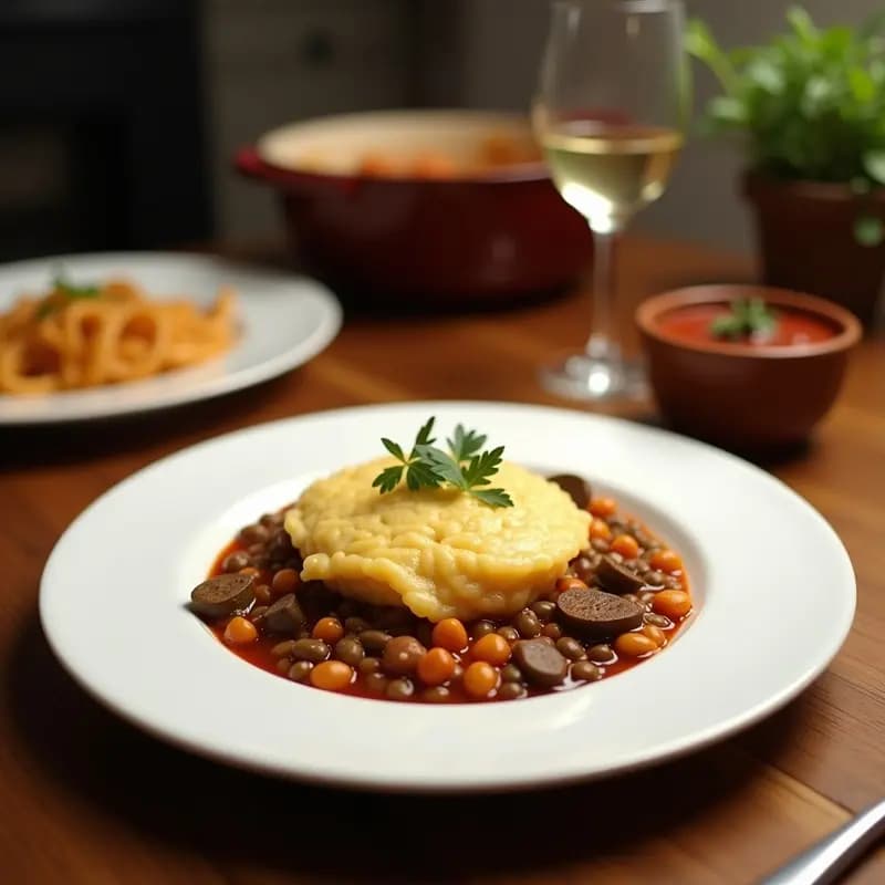 Pastitsio griego vegano en fuente de horno rectangular, con capas visibles de berenjena asada dorada, relleno espeso de lentejas pardina y bechamel cremosa sin lácteos, espolvoreado con almendras fileteadas tostadas.