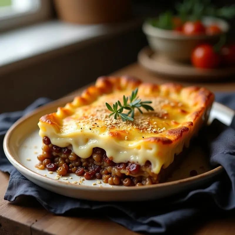 Fuente de horno rectangular con Pastitsio Griego vegano en capas: base de pasta integral, centro de lentejas pardo con pasas, y capa superior de bechamel de avena dorada. Acompañado de hojas de laurel y tomillo fresco.