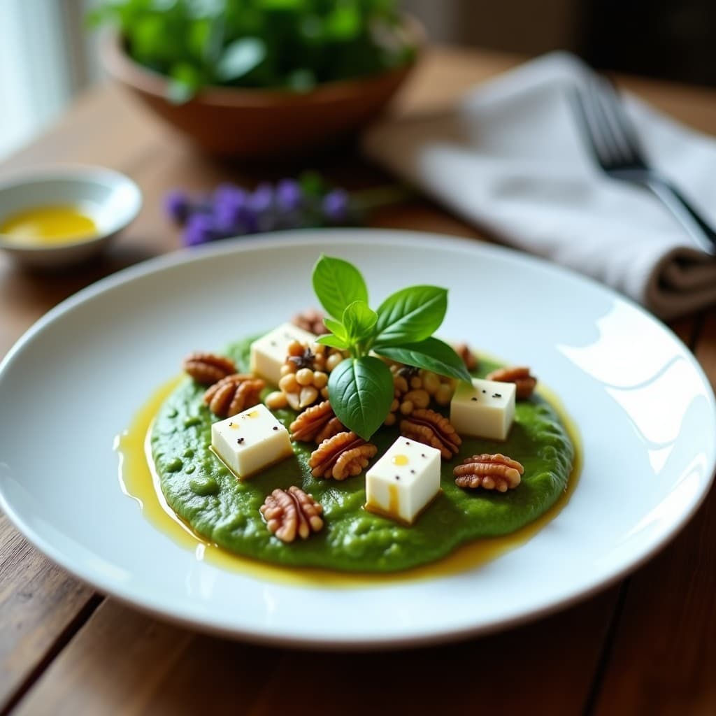 Plato blanco elegante con pasto cremoso de berros verdes, trozos de queso de cabra blanco, nueces caramelizadas doradas y reducción de miel de lavanda, decorado con hojas de berros frescos y un hilo de aceite de oliva.