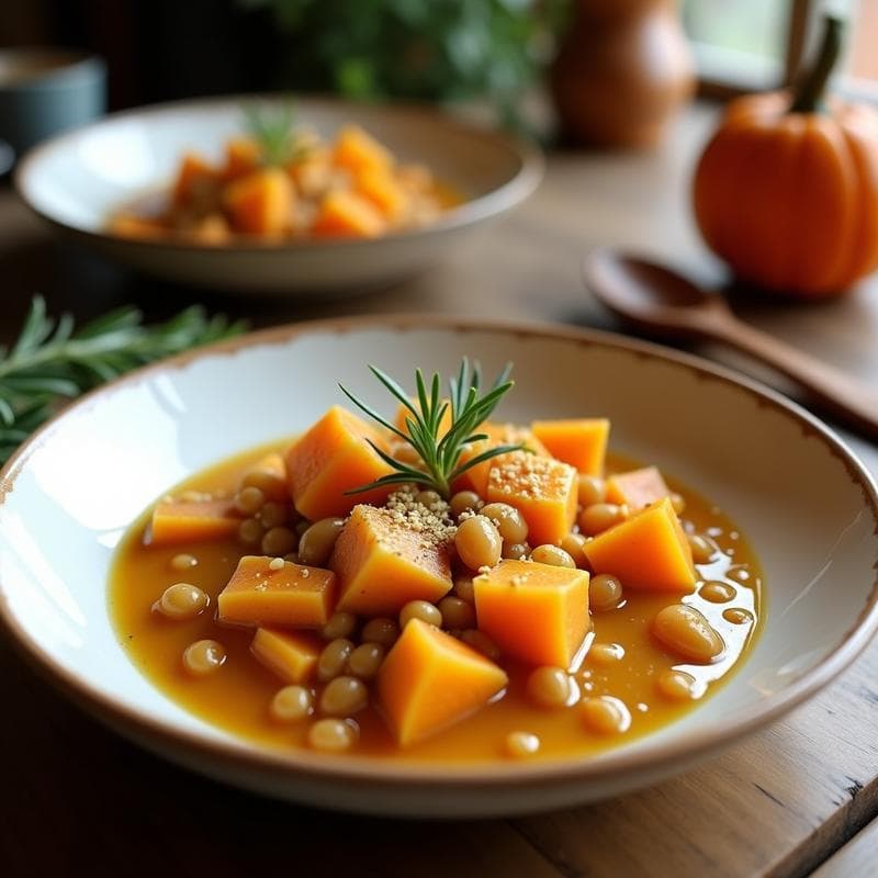 Plato hondo blanco con pasto de lentejas y calabaza keto, textura cremosa con trozos de calabaza butternut y lentejas pardinas, decorado con un hilo de aceite de oliva y nuez moscada rallada, servido en mesa rústica con romero fresco.