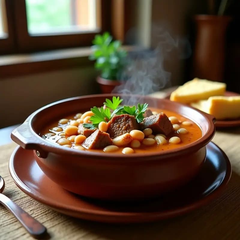 Olla de barro humeante con Pasulj serbio: estofado espeso de judías blancas y trozos de carne ahumada, decorado con perejil fresco y servido en un plato rústico de cerámica.