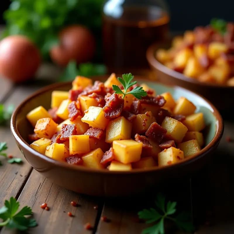 Bandeja de horno con patatas Brabant doradas y crujientes, cubiertas de queso Gouda fundido gratinado y bacon crujiente espolvoreado por encima, receta de acompañamiento irrestible.