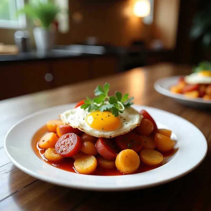 Sartén de hierro con patatas a lo pobre doradas, rodajas de chorizo jugoso y huevos fritos con yema líquida. Plato rústico murciano con perejil fresco espolvoreado, listo para servir en la mesa.