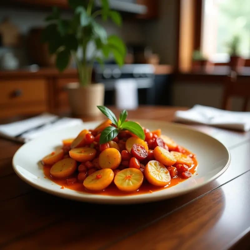 Sartén de hierro con patatas a lo pobre con chorizo y pimiento, huevos fritos encima, pimentón espolvoreado y perejil fresco. Plato tradicional andaluz económico y sabroso.