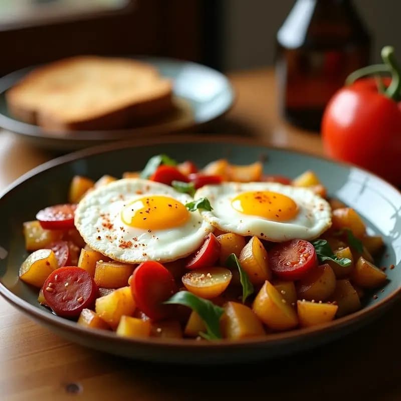 Plato hondo de barro con patatas a lo pobre canarias, rodajas de chorizo dorado, huevo frito con yema líquida y pimentón espolvoreado, típico desayuno o cena tradicional.