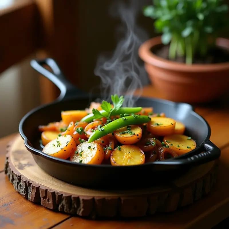 Sartén de hierro con patatas a lo pobre doradas, pimiento verde en tiras y cebolla caramelizada, decoradas con perejil fresco. Plato tradicional andaluz humeante sobre fondo rústico.