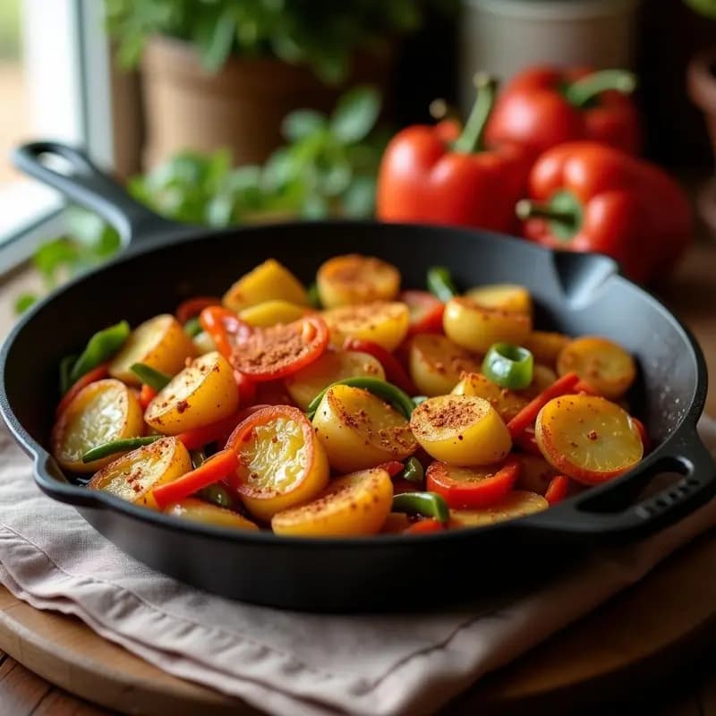 Sartén de hierro con patatas a lo pobre con pimentón, rodajas de patata doradas mezcladas con cebolla, pimientos verdes y un toque de pimentón, típico acompañamiento andaluz.