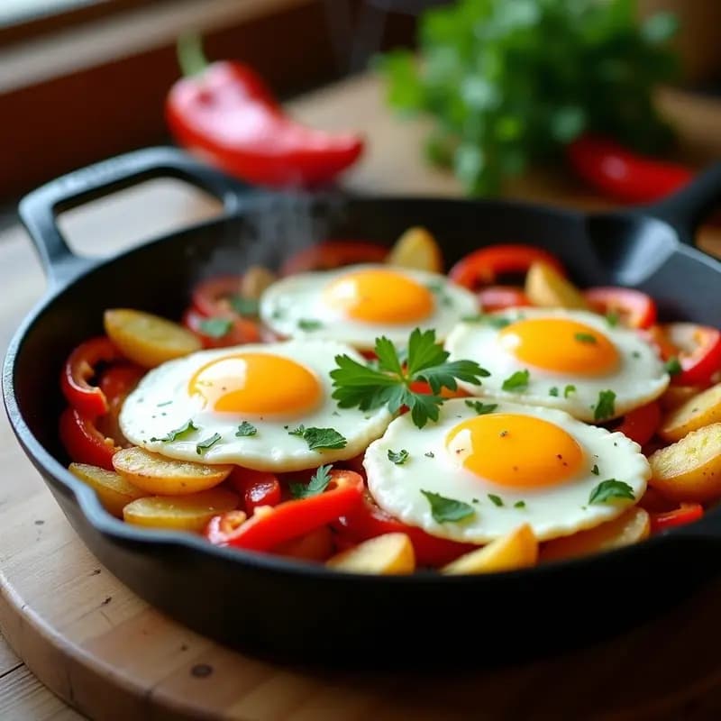 Sartén de hierro con patatas a lo pobre doradas, pimientos asados rojos en tiras y huevos fritos con yemas líquidas, espolvoreados con perejil fresco. Plato tradicional español humeante y apetitoso.