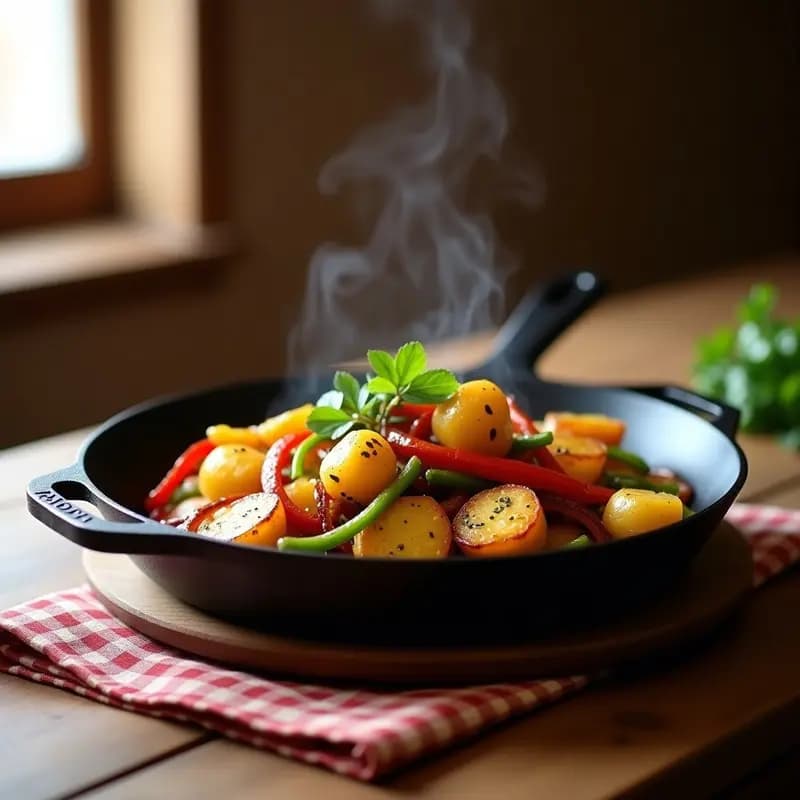Sartén de hierro con patatas a lo pobre doradas, pimientos verdes en tiras y cebolla morada caramelizada, receta tradicional de Andújar.