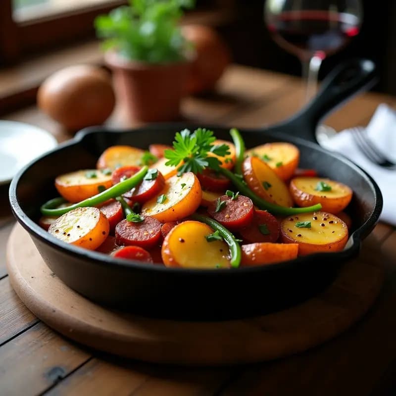 Sartén de hierro con patatas a lo pobre doradas, pimientos verdes en tiras y rodajas de chorizo, decoradas con perejil fresco. Receta andaluza de bar en casa.