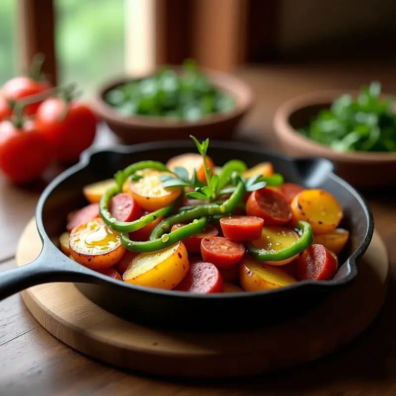 Plato hondo de barro con patatas a lo pobre doradas, pimientos verdes en tiras y rodajas de chorizo, decorado con perejil fresco, típico acompañamiento andaluz.