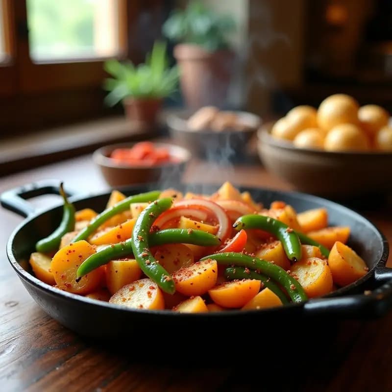 Sartén de hierro con patatas a lo pobre veganas, rodajas doradas de patata, tiras de pimiento verde y cebolla caramelizada, espolvoreadas con pimentón dulce. Plato rústico y humeante sobre fondo de madera.