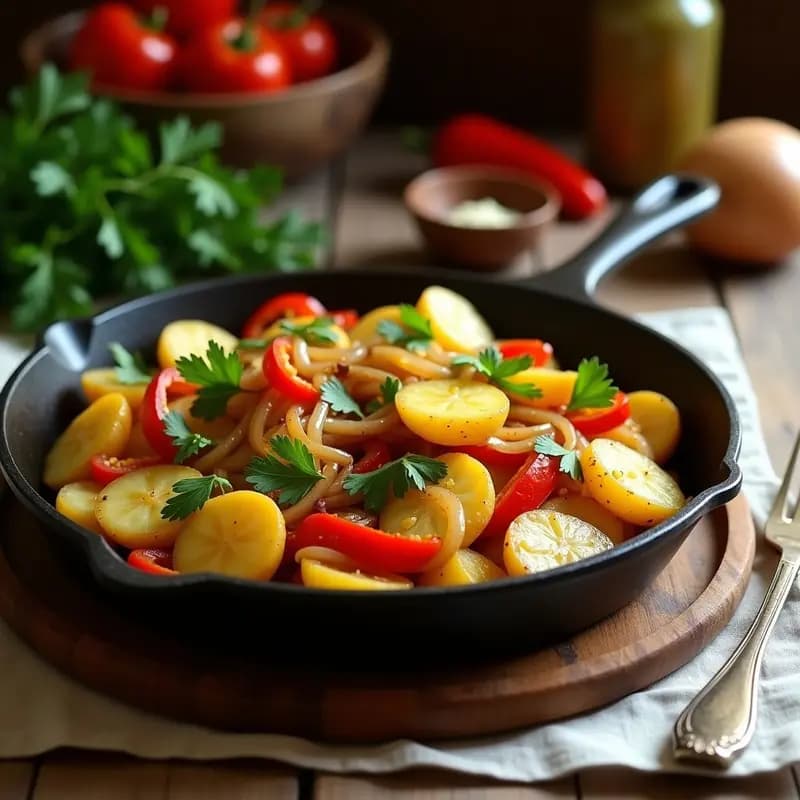 Sartén de hierro con patatas a lo pobre, rodajas doradas de patata, tiras de pimiento verde y cebolla caramelizada, decoradas con perejil fresco. Plato tradicional español sencillo y económico.