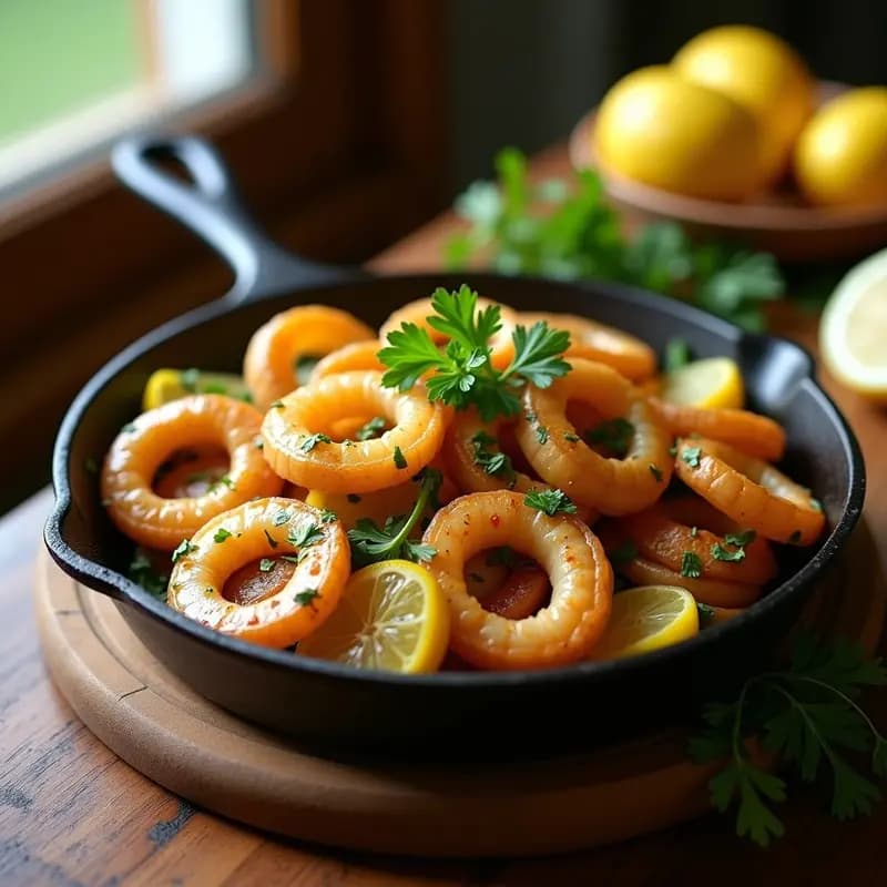 Sartén de hierro con patatas a lo pobre doradas, anillos de calamares tiernos, cebolla y pimiento verde sofritos, espolvoreados con perejil fresco. Plato típico costero andaluz servido en mesa rústica de madera con limón al lado.