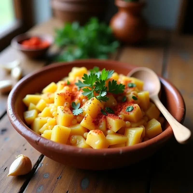 Plato hondo de barro con patatas revolconas de textura grumosa y cremosa, espolvoreadas con perejil fresco y un toque de pimentón de la Vera, acompañadas de una cucharita de madera. Receta tradicional extremeña de patatas con ajo y pimentón.