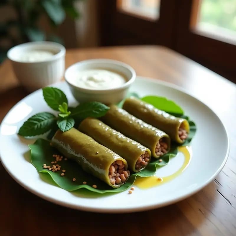 Plato blanco elegante con rollitos de hojas de parra rellenos de carne y arroz, servidos con salsa cremosa de yogur y menta. Receta de Pate Chino de Hojas de Parra.