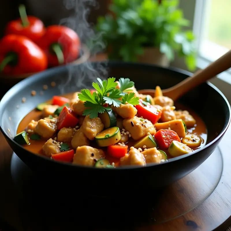 Wok de acero con Paté Chino Filipinó de pollo y verduras, textura cremosa y brillante, decorado con semillas de sésamo y cilantro fresco sobre fondo de madera oscura.