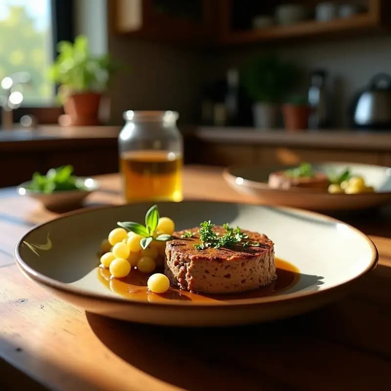 Paté de olive noir y alcaparras con aceite de oliva virgen en bol de cerámica blanca, decorado con alcaparras enteras y un hilo de aceite dorado, acompañado de pan integral tostado y ramitas de tomillo fresco.