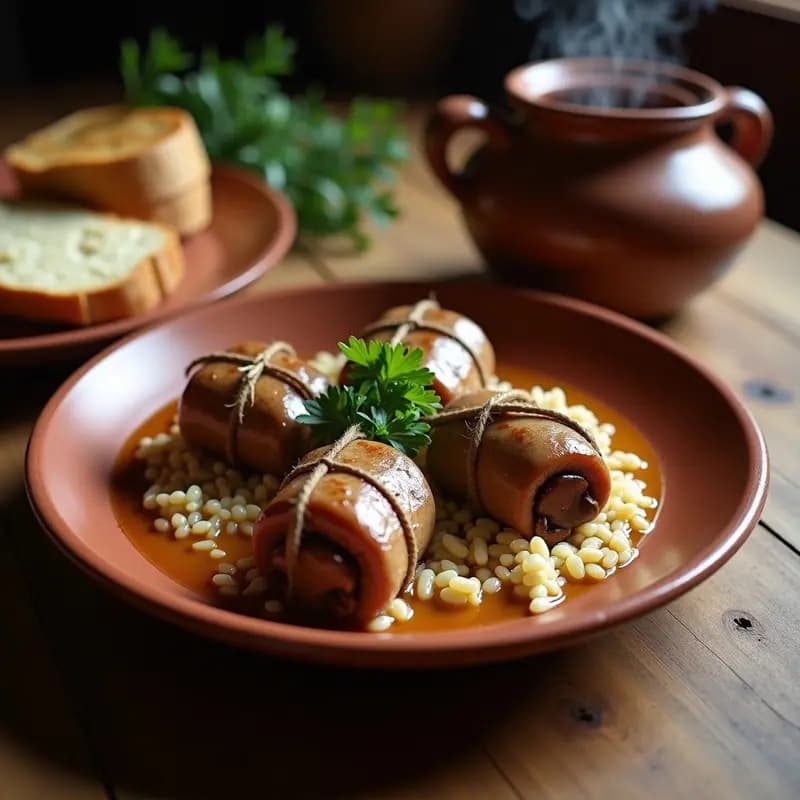 Plato hondo de barro con pauchas de cerdo rellenas de arroz y setas, cortadas en rodajas gruesas, bañadas en su caldo dorado y decoradas con perejil fresco, receta extremeña tradicional.