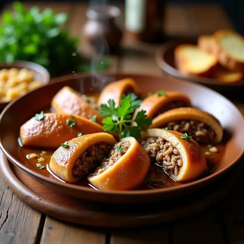 Plato hondo de barro con pauchas de cerdo rellenas de arroz y carne, cocinadas en su jugo dorado, acompañadas de pan rústico. Receta tradicional aragonesa.