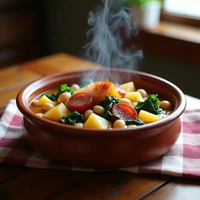 Plato hondo de barro con pauchas a la gallega, grelos verdes y patatas cocidas, chorizo y lacón en rodajas, espolvoreado con pimentón y aceite de oliva, sobre fondo rústico de madera.