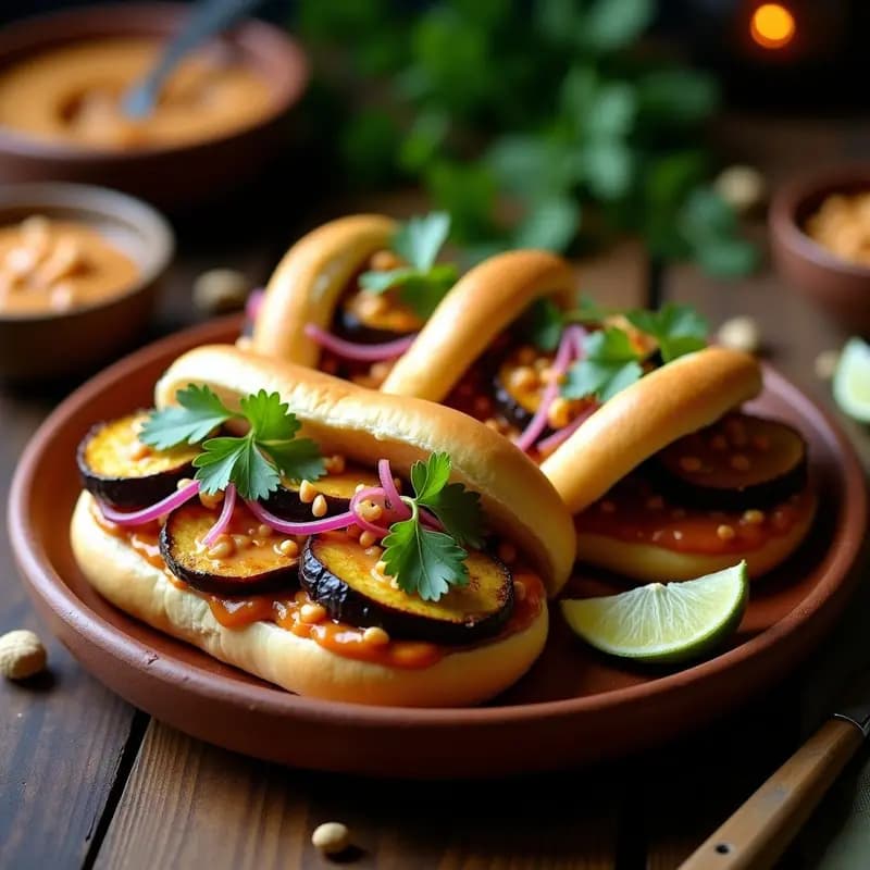 Pav BHÁ de berenjena al horno, receta india vegana con salsa de tamarindo y cacahuete. Pan pav tostado relleno de berenjena asada dorada, cebolla morada salteada y salsa cremosa, acompañado de lechuga morada y rodajas de pepino sobre un plato de cerámica blanca con fondo rústico.