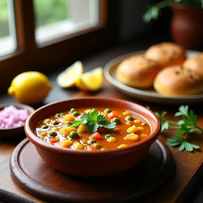 Bol hondo de barro con Pav Bhaji Indio de color dorado y especiado, acompañado de triángulos de pan de bajo tostados y crujientes en airfryer, decorado con cilantro fresco y semillas de sésamo, sobre fondo de madera rústica.