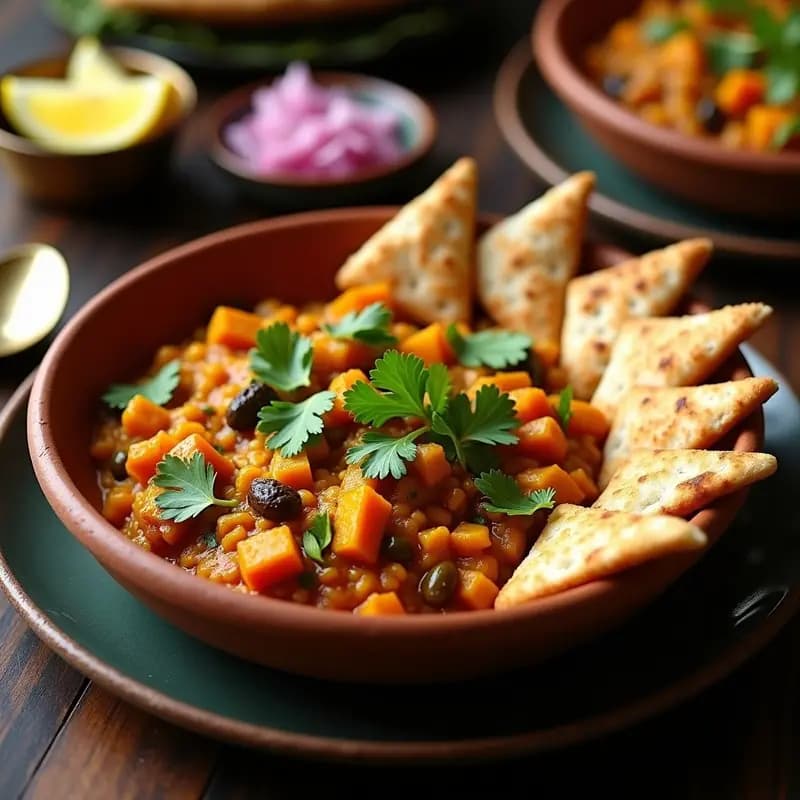 Bol hondo de barro con Pav Bhaji Indio espeso y colorido, rodeado de rebanadas de pan tostado dorado con mantequilla. Decorado con cilantro fresco y rodajas de limón, sobre una mesa rústica con especias al fondo.