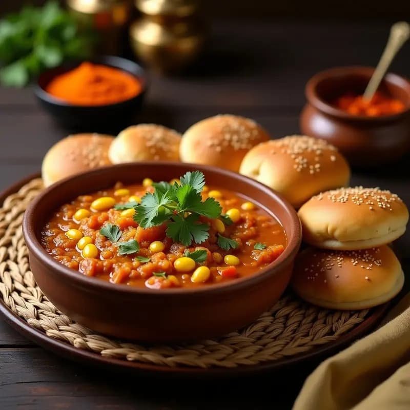 Plato de Pav Bhaji Indio con puré de verduras especiadas de color dorado y panecillos tostados en sartén sin horno, decorado con cilantro fresco y rodaja de limón.